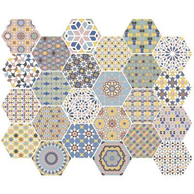 Hexagon Kasbah Colours Mixed Pattern Porcelain Matt Tile 25x22cm - Alternative Image