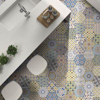 Hexagon Kasbah Colours Mixed Pattern Matt Porcelain Tile 25x22cm - Alternative Image